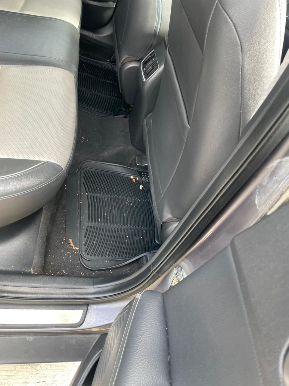 Car back-seat footwells and mats — before cleaning